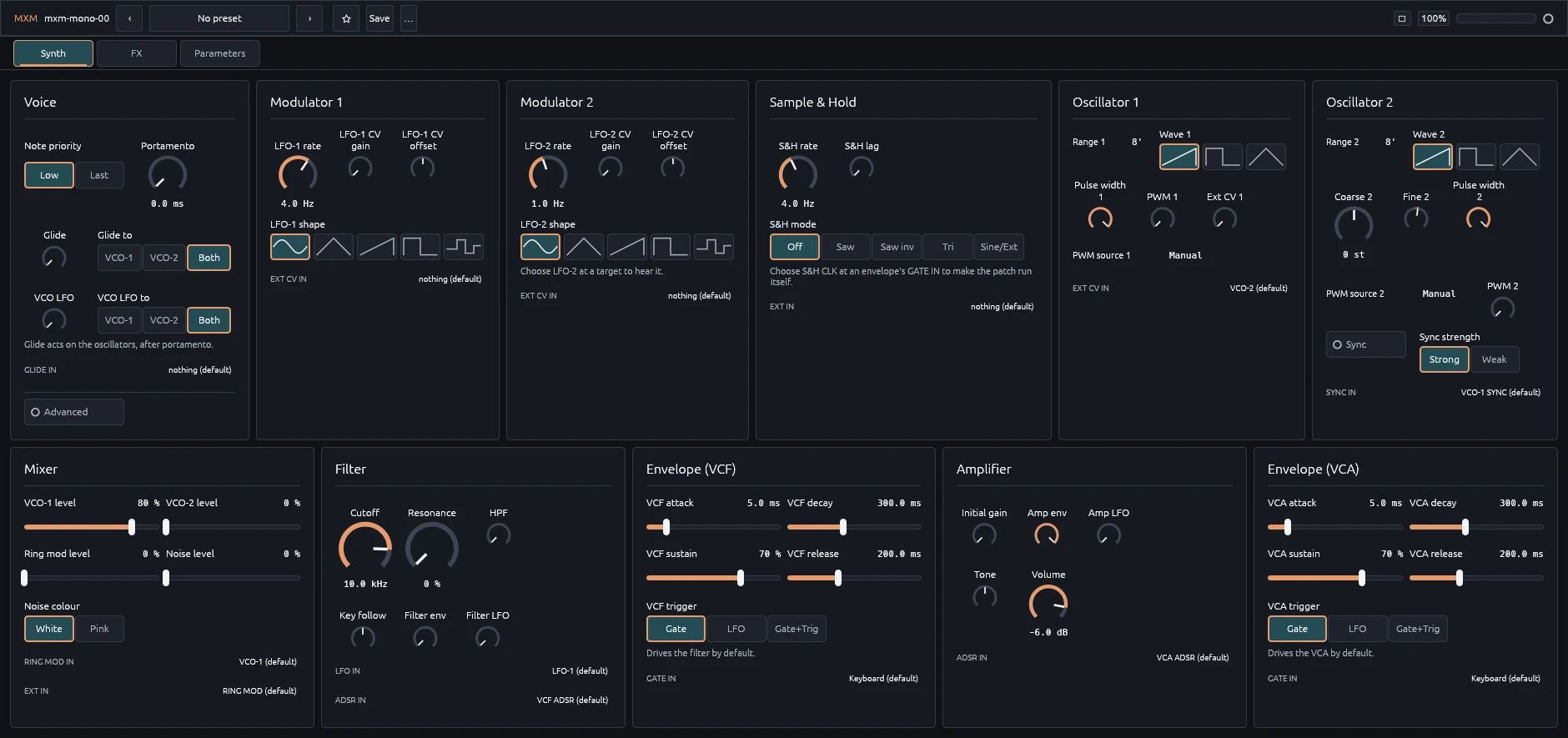 The Synth view: ten modules in signal order