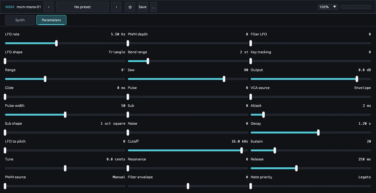 The Parameters view: all 27 controls