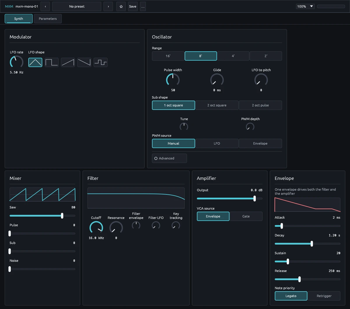 The Synth view: six modules following the signal