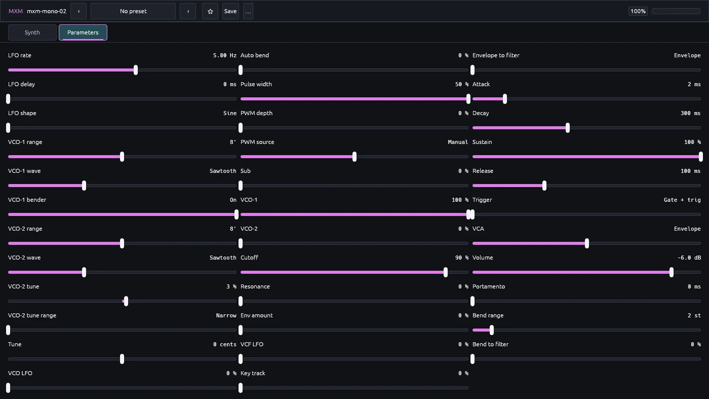 The Parameters view: all 35 controls