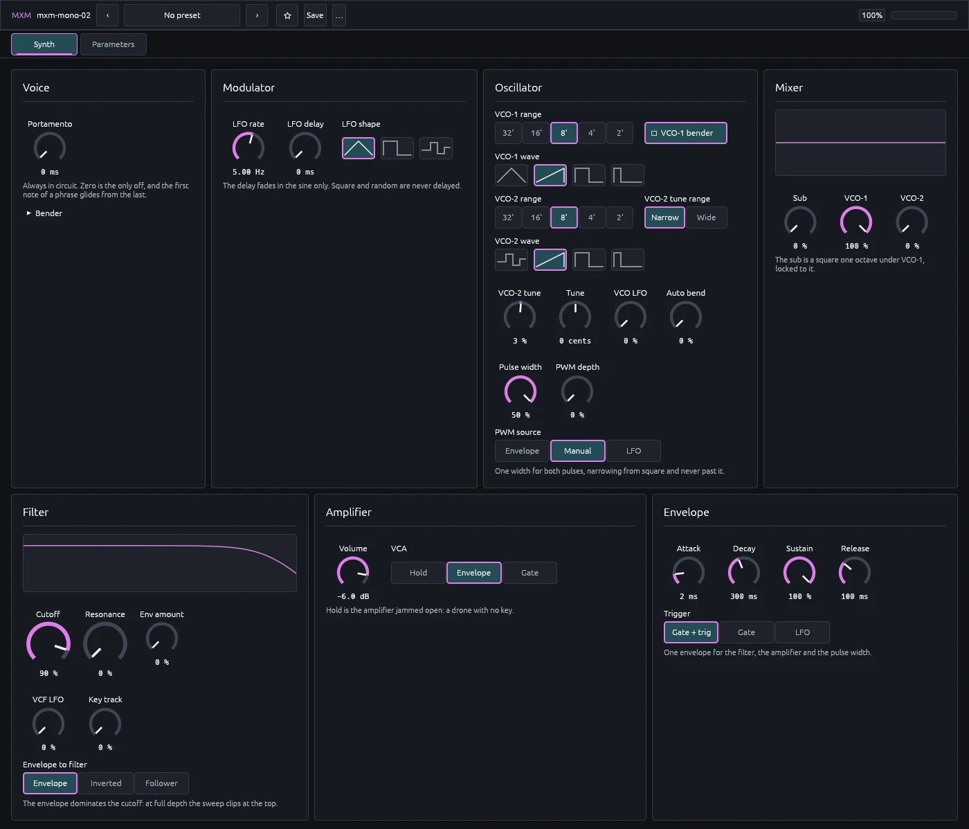 The Synth view: seven modules following the signal