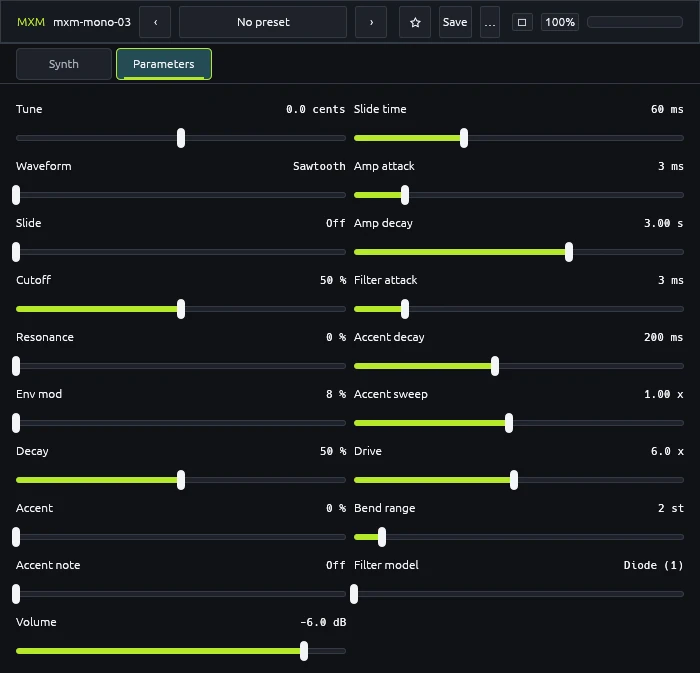 The Parameters view: all 19 controls