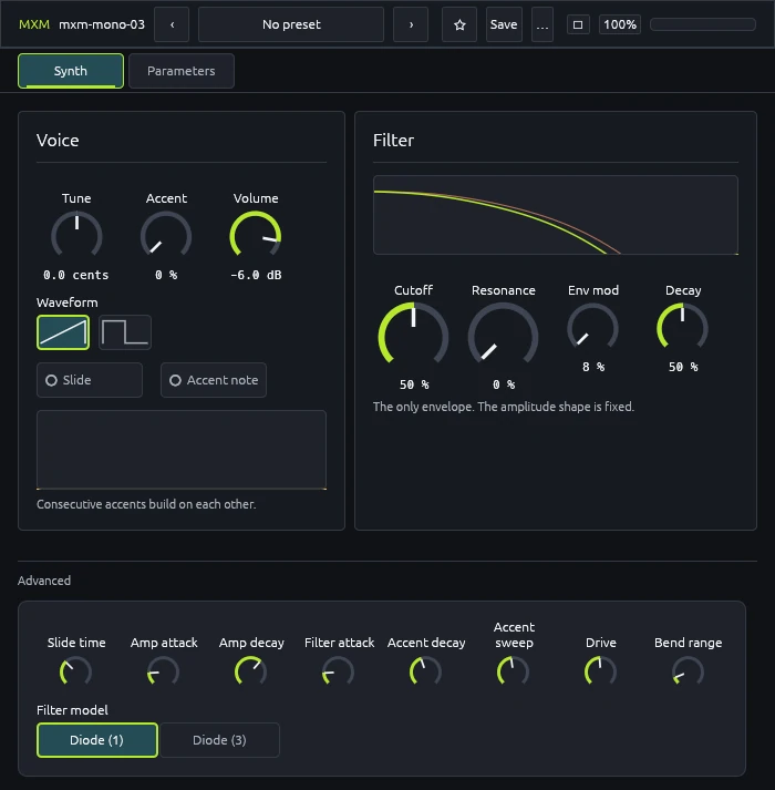 The Synth view. The Advanced area sits below the two modules and is open by default