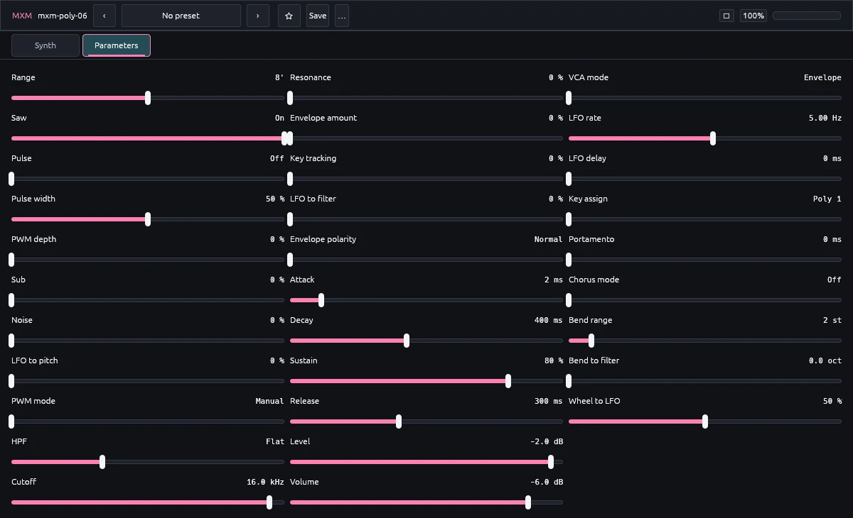 The Parameters view: all 31 controls